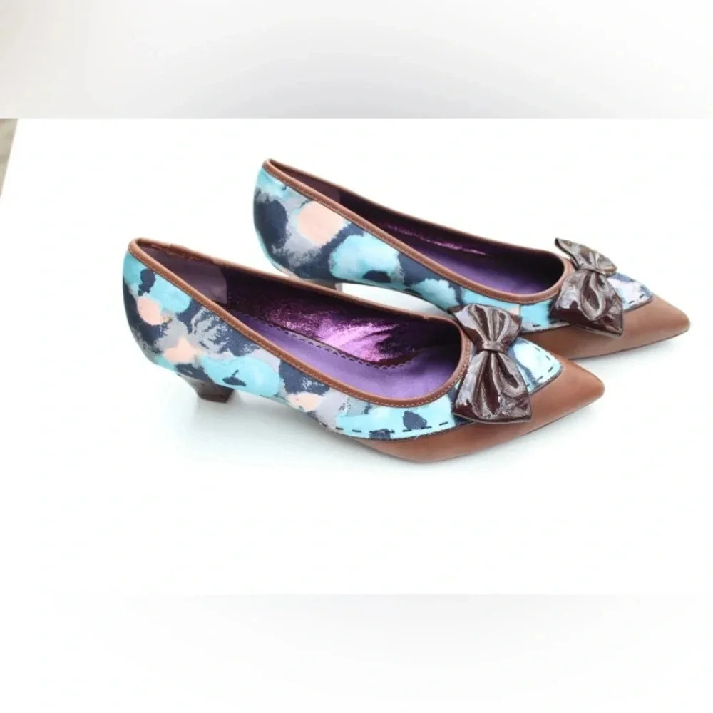 Poetic License Blue Multi Floral Pointed Toe Heels with Brown Bow